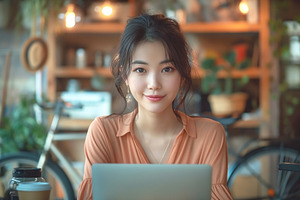 A young Asian woman with a serene expression, working on a lapto, a Person Photo by ImageMir