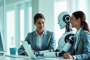 Female executives and a robot collab, a Technology Photo by Perpis