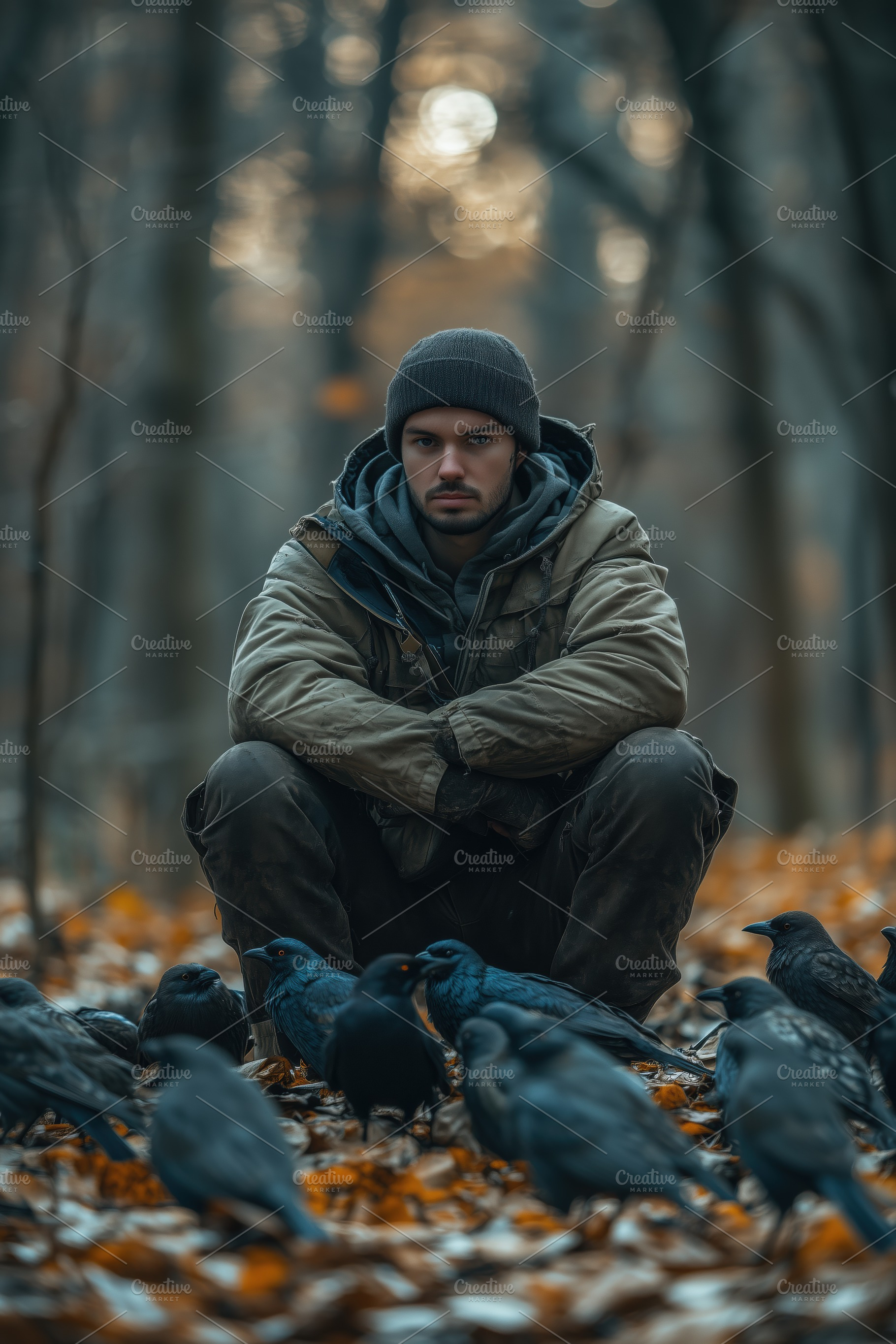 A ornithologist man in a forest sits on the ground surrounded by crows. He wear, a Person Photo by Textures & Backgrounds