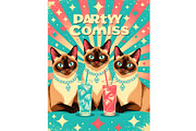 Siamese Retro Party Cats, an Animal Illustration by Sharon Schwalbe (Thumbnail 1 of 2)