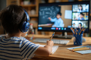 Child attends online class wearing h, a Photo by Pixeness Studio
