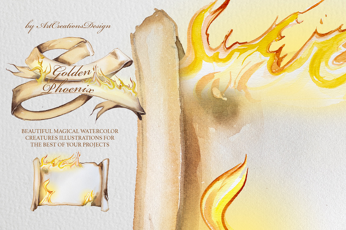Watercolor Golden Phoenix Clipart, an Animal Illustration by ArtCreationsDesign (Photo 7 of 10)