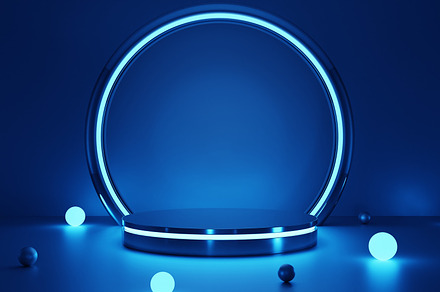 Cyberpunk blue empty podium with glowing lamp in the dark for pr, an Arts & Entertainment Photo by Ministocker