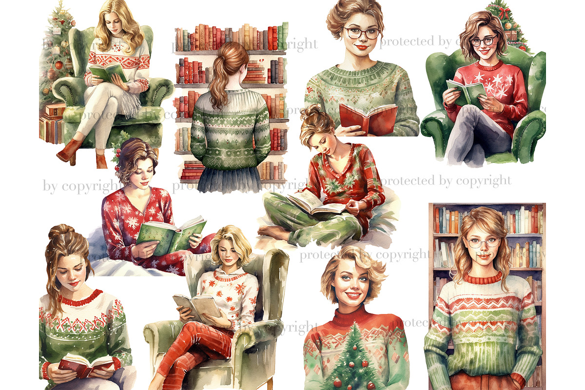 Holiday Reading Girls Clipart, a Person Illustration by GlamArtZhanna (Photo 3 of 5)