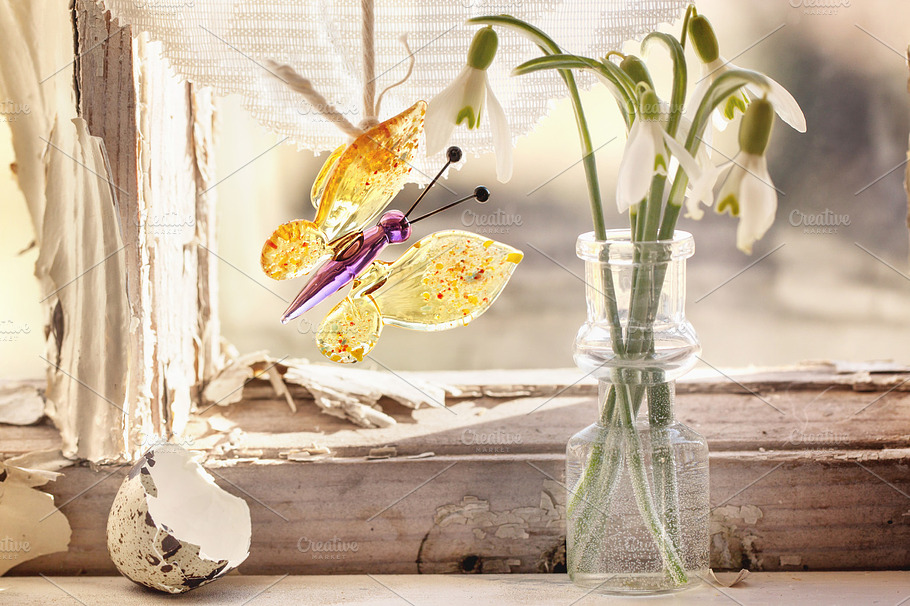 Iterior Window With Glass Butterfly And Snowdrops Containing Flowers Home