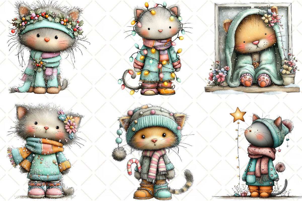 Whimsical Christmas Cats Clipart, an Animal Illustration by Black Bird Studio (Photo 2 of 6)