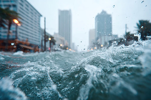 Heavy rain causes flooding on city streets during a storm at dusk, a Nature Photo by AlyaAnd