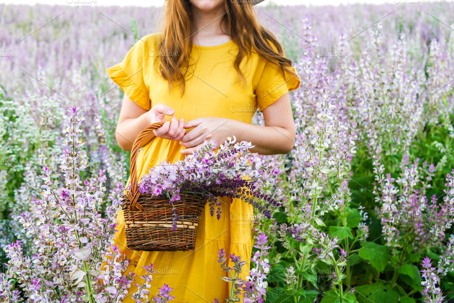 Girl in the field of flowering sage containing adult, barefoot, and beautiful, a Person Photo by E+A Store