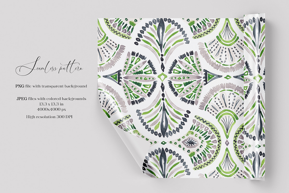 Lime Mandala Feather Damask on Black, a Pattern Graphic by SirenaArt (Photo 3 of 10)