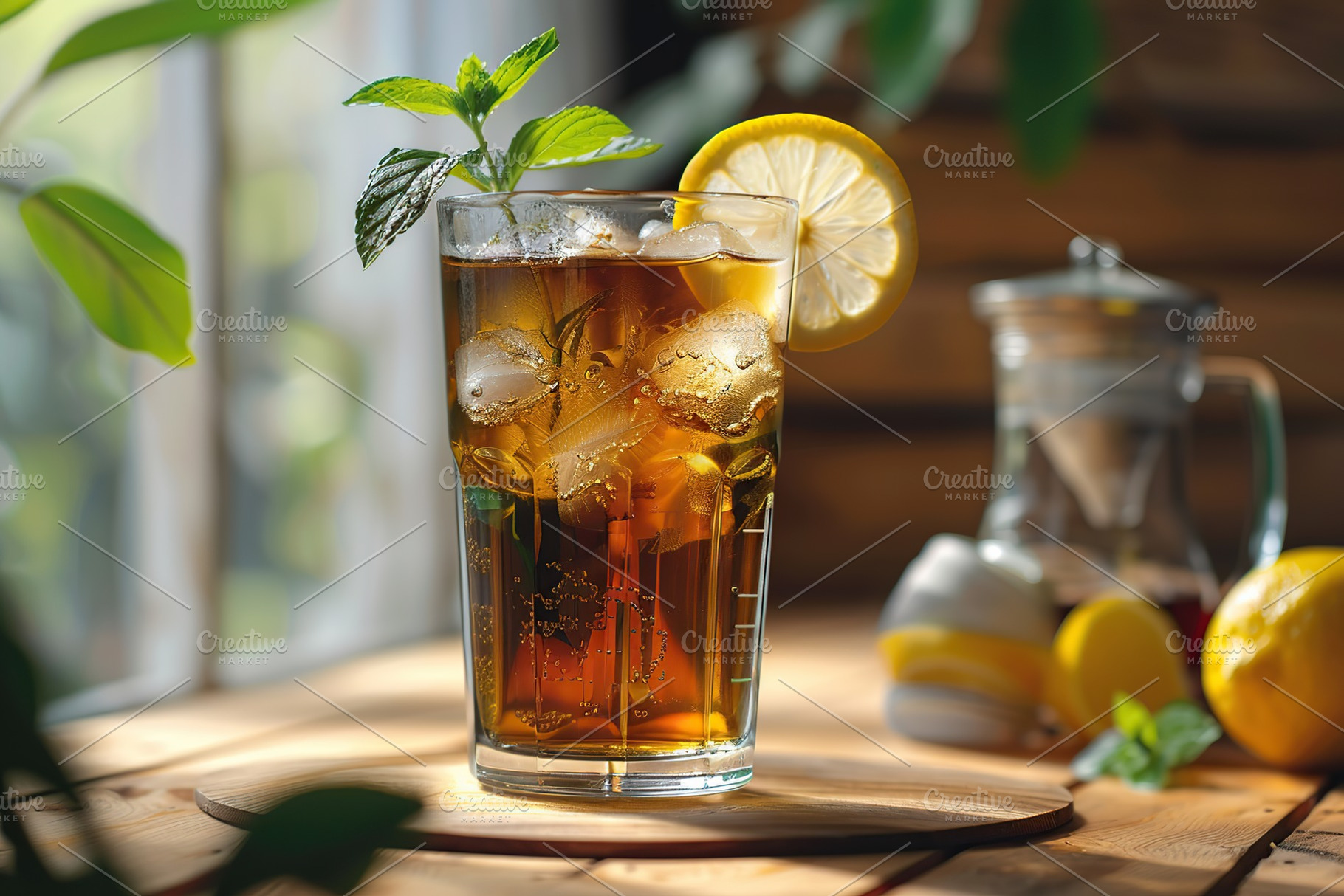 Glass of ice tea with lemon and sunlights on wooden background, a Food & Drink Photo by AlyaAnd