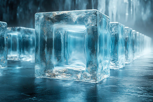 Ice cubes arranged in a row, reflect, a Photo by Tanuart