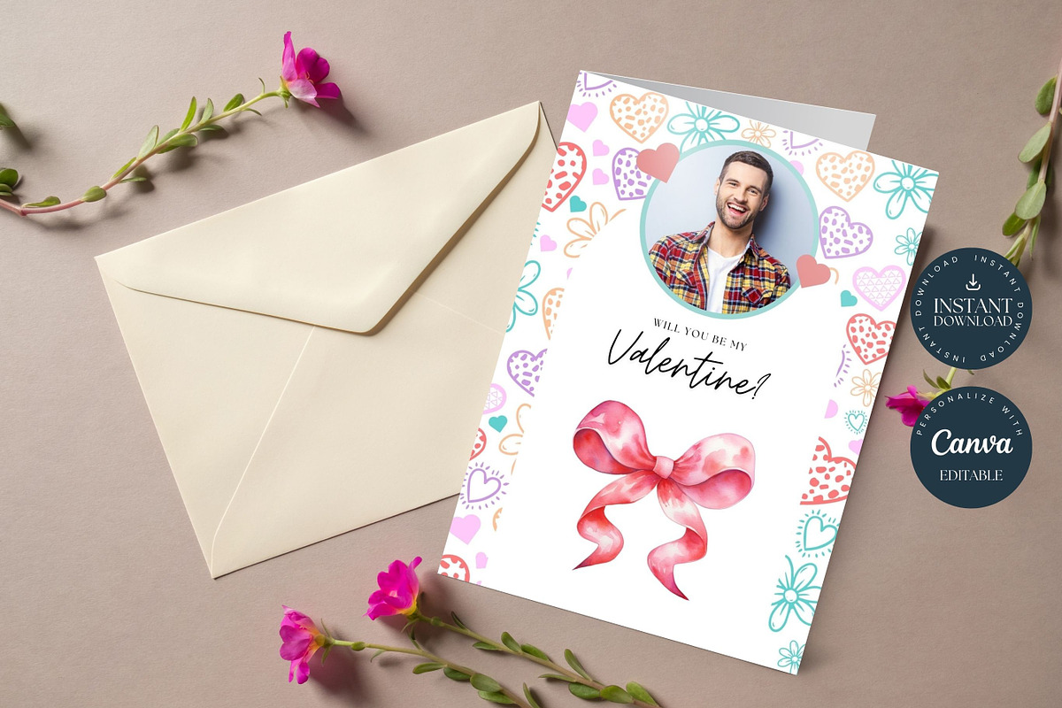 Hearts & Bow Valentines Day Card, a Card Template by Tracia Creative (Photo 1 of 4)