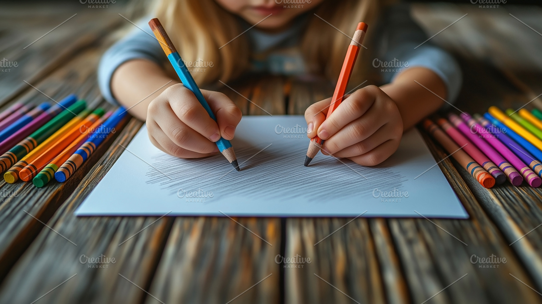 A young girl with blonde hair draws creatively with colored pencils on a sheet, a Person Photo by ImageMir