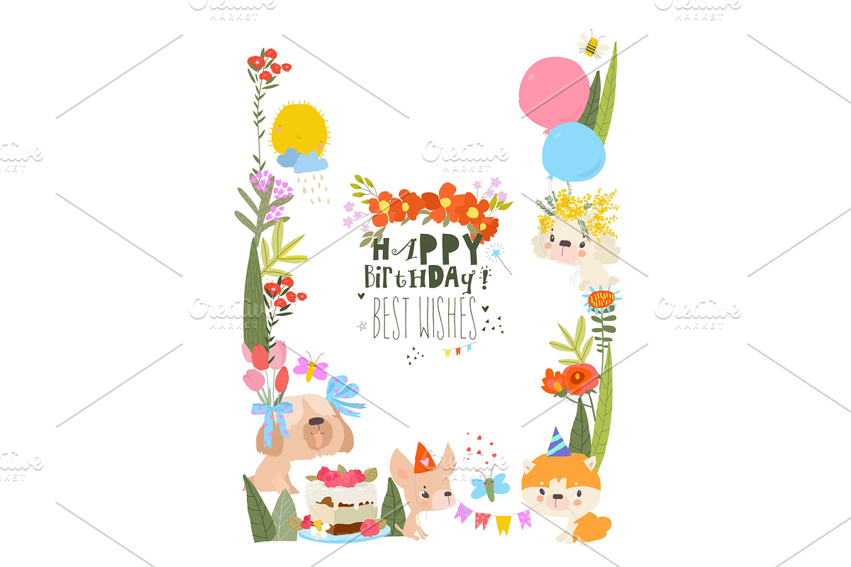 Floral Frame with Cute Funny Dogs, an Object Illustration by Maria Starus