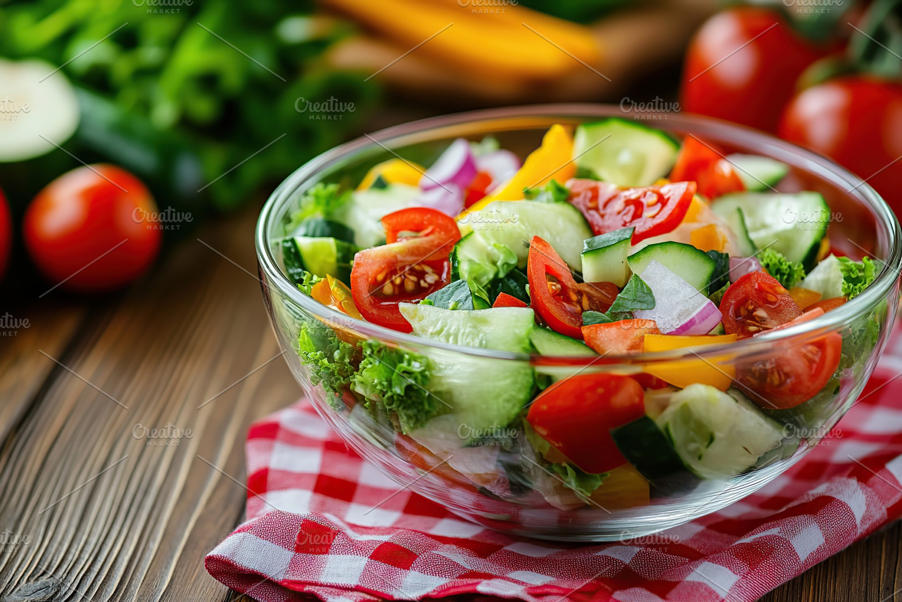 Fresh salad with vegetables in bowl, organic healthy food, a Food & Drink Photo by AlyaAnd