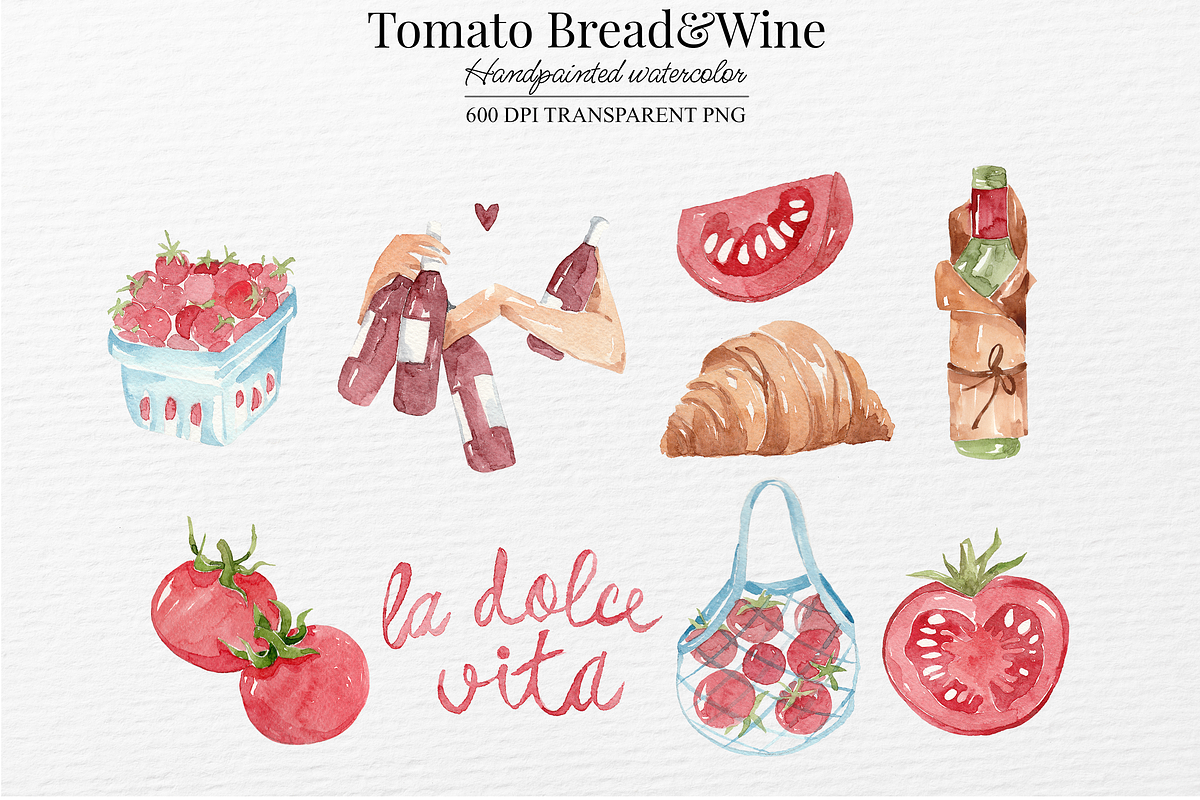 Tomato Bread Wine Watercolor Clipart, a Food Illustration by Marine art (Photo 3 of 5)