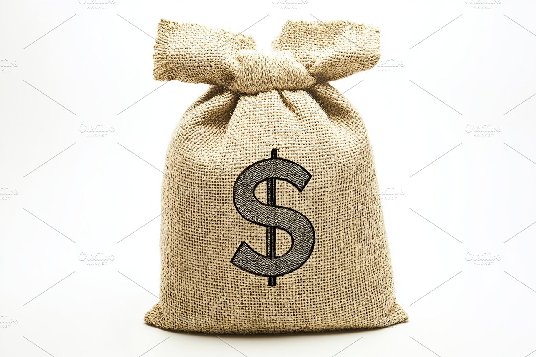 Burlap bag with dollar symbol and banknotes on white background, a Photo by AlyaAnd