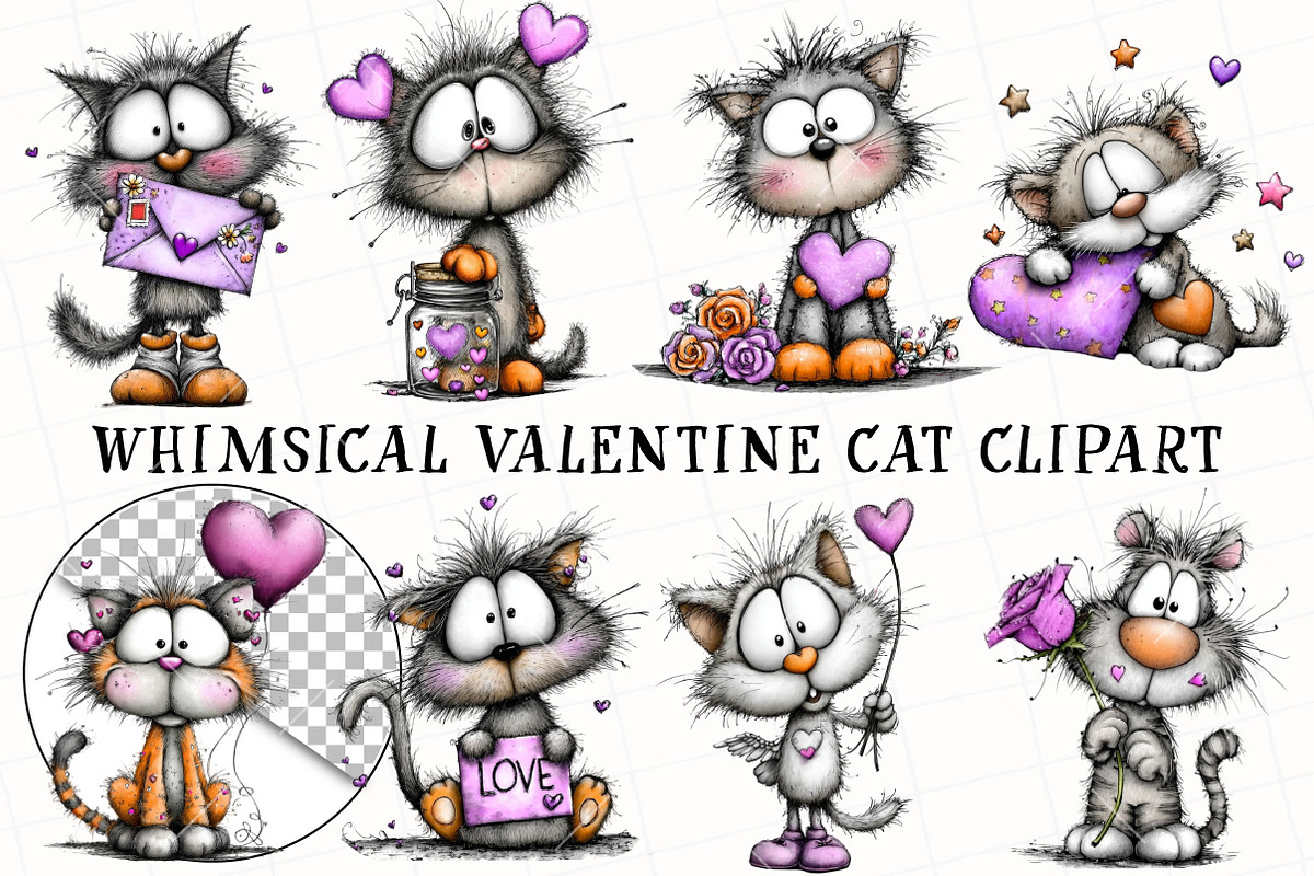 Whimsical Valentine Cat Clipart, an Illustration by OK Design (Photo 2 of 6)
