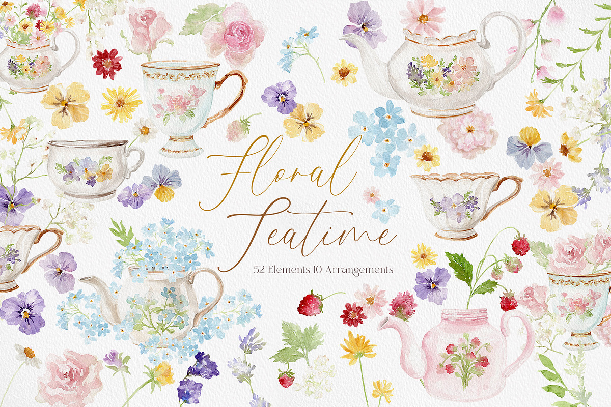 Watercolor Clipart - FLORAL TEATIME, a Decorative Illustration by Beigetime (Photo 1 of 9)