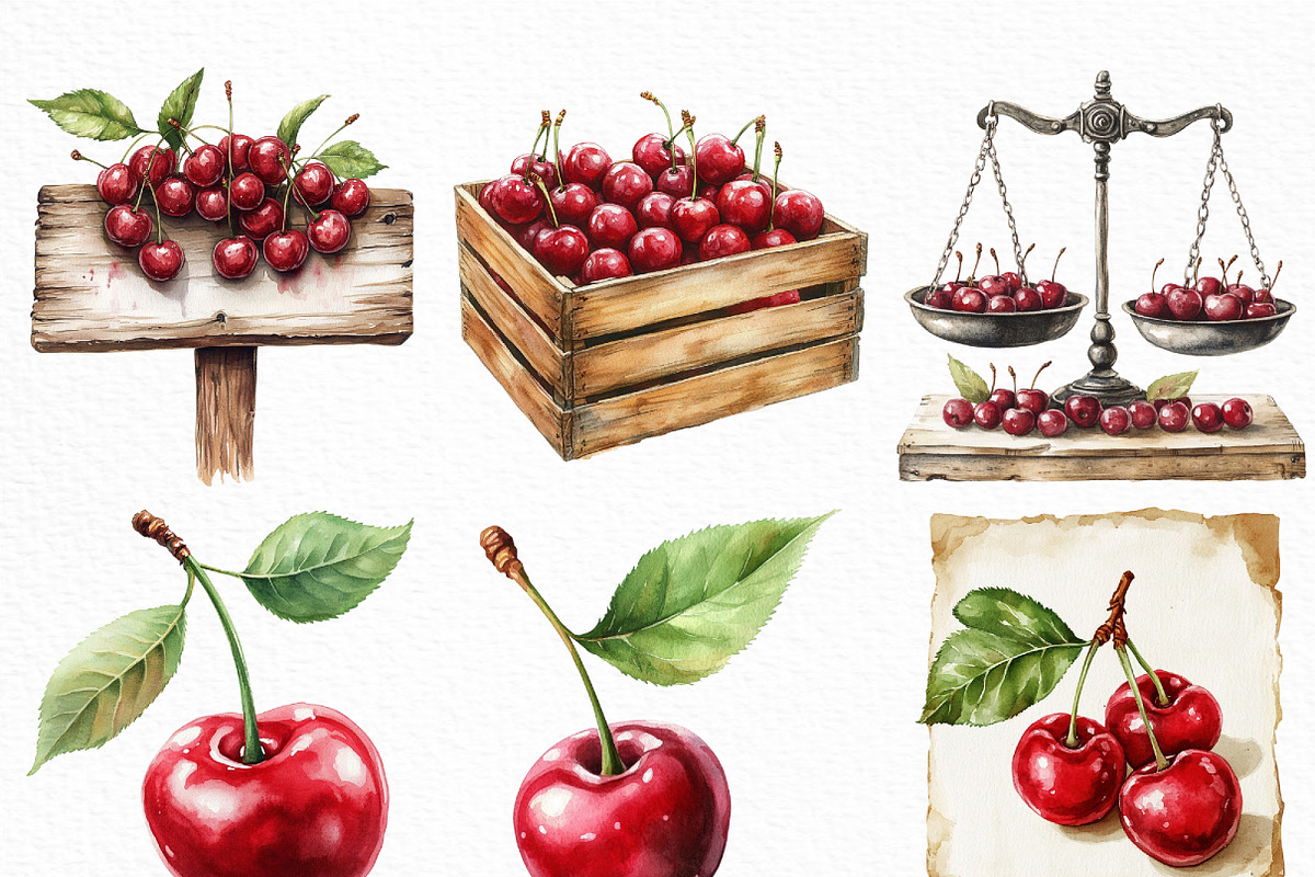 Watercolor Cherry Farm Clipart, an Illustration by Craft Nest (Photo 2 of 6)