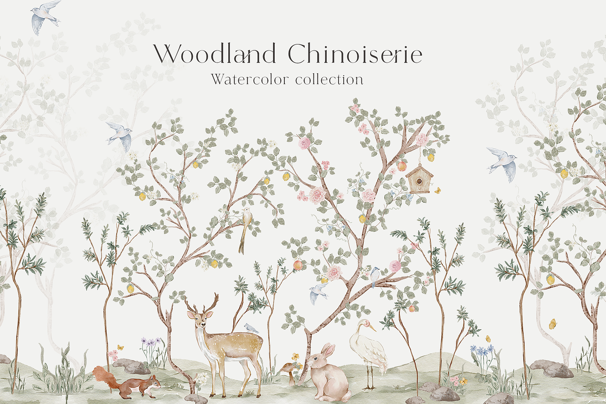 Woodland Chinoiserie Pattern scene, a Wallpaper Graphic by Grace Noboa Illustrations (Photo 1 of 14)