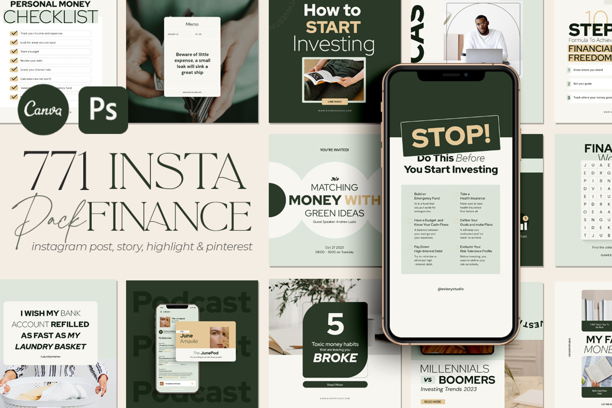 Financial Instagram Creator CANVA PS, a Social Media Template by Eviory (Photo 1 of 34)