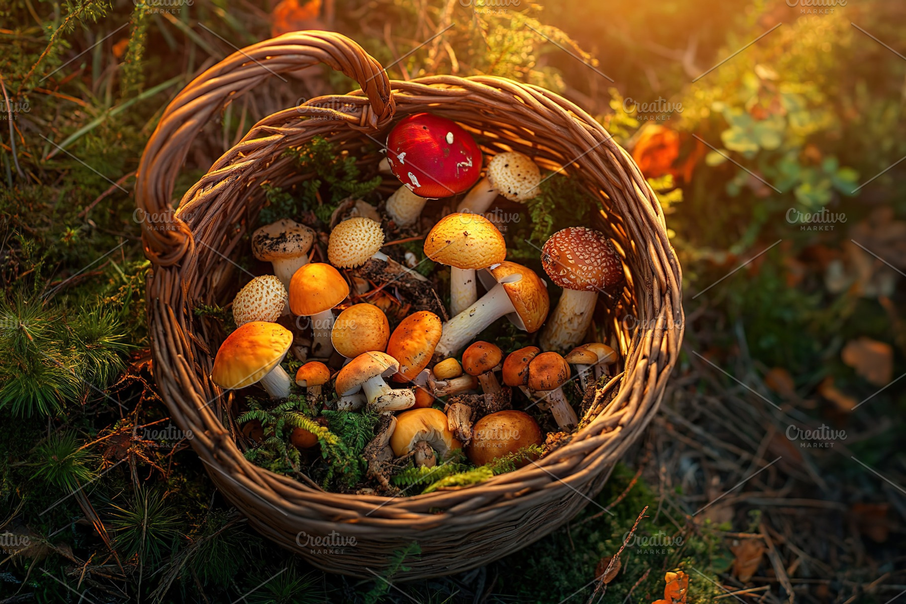 Ripe wild mushrooms in basket, a Food & Drink Photo by AlyaAnd