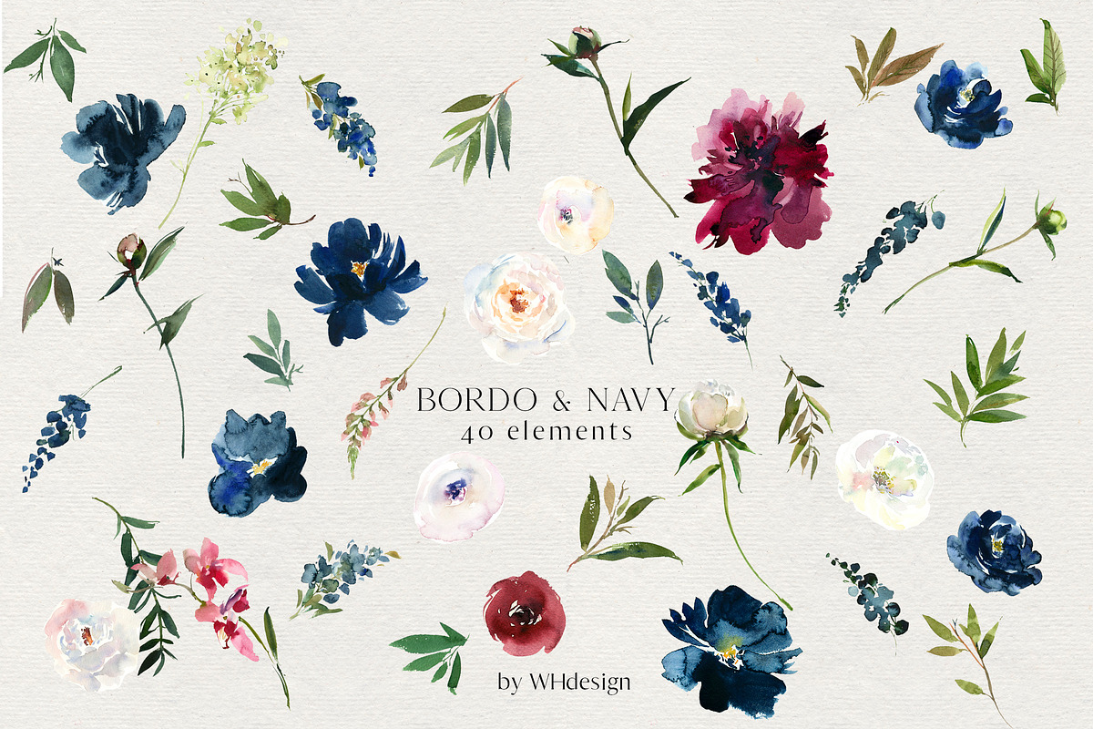 Bordo & Navy Watercolor Flowers PNG, a Decorative Illustration by whiteheartdesign (Photo 7 of 9)
