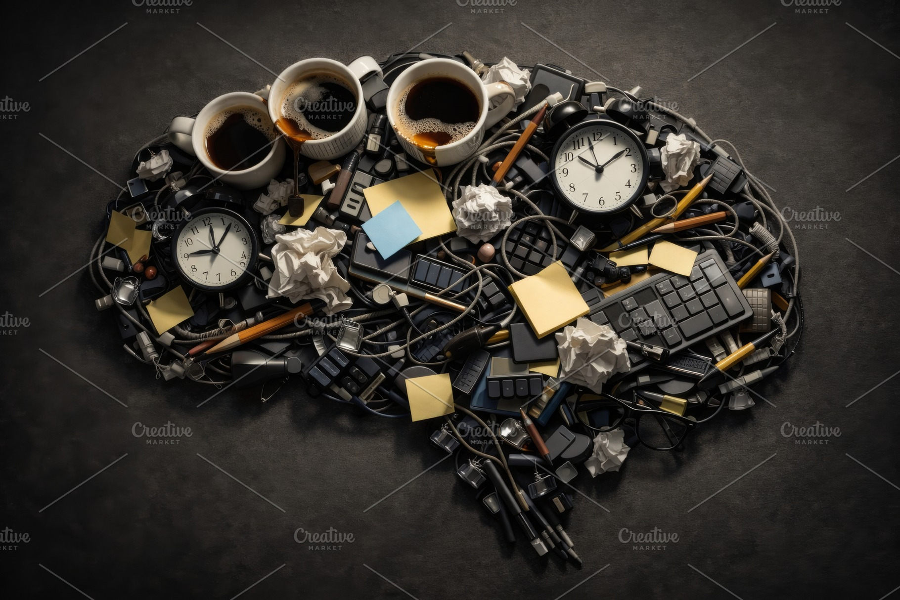 Brain made of office and coffee item, a Photo by Dvoevnore photos