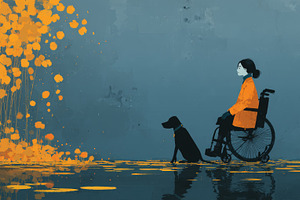 Woman in a wheelchair with a dog beside autumn leaves against a blue wall in a, a Photo by AS photostudio