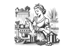 woman cooking in kitchen vector, a Food Illustration by AlexArt