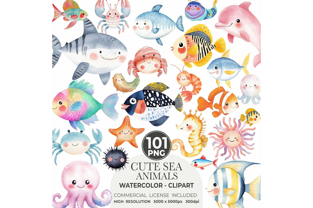 Cute Sea Animals Watercolor Clipart, an Animal Illustration by CharmClipart (Photo 1 of 9)