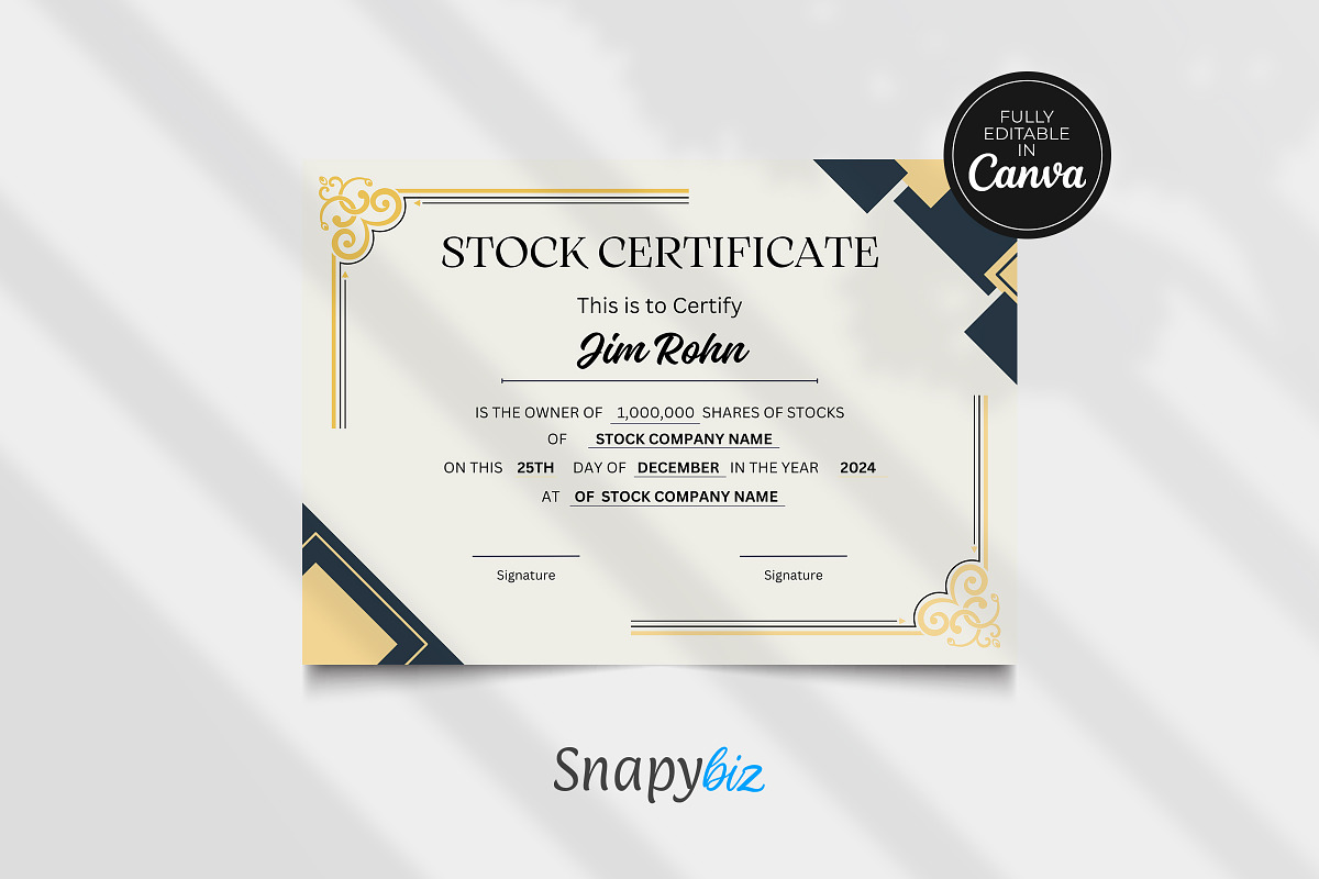 Certificate of Stock Canva Template, a Card Template by Snapybiz (Photo 3 of 10)