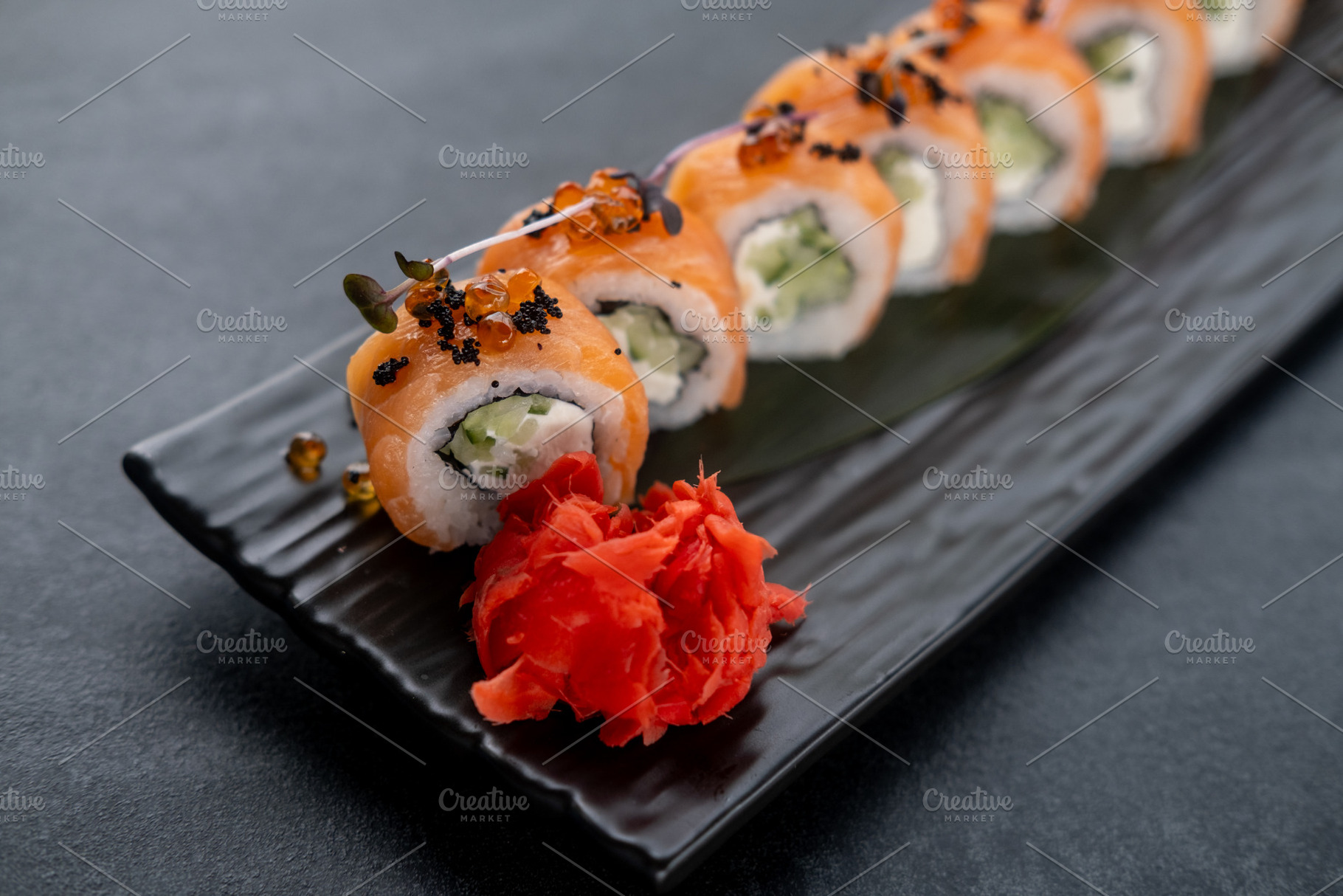Served sushi asian cuisine roll salmon wasabi, a Food & Drink Photo by Photo Drive Studio