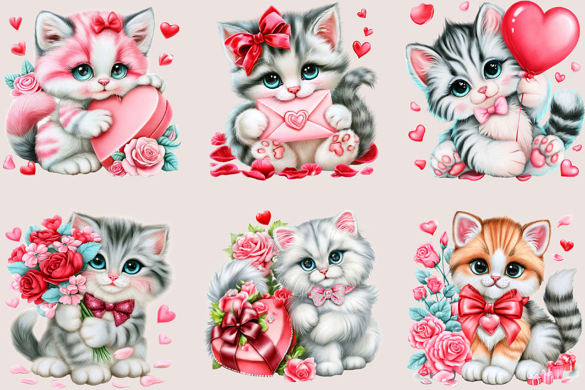 Valentine Cat Clipart PNG Bundle, a Seasonal Illustration by SVGArt (Photo 2 of 5)