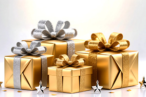 Golden Gift Boxes with Ribbons, a Holiday Photo by Rafoz