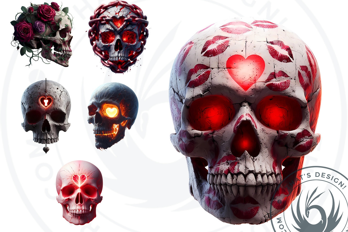 Valentines day Skulls clipart Set, a Seasonal Illustration by ThatsDesignArt (Photo 5 of 10)