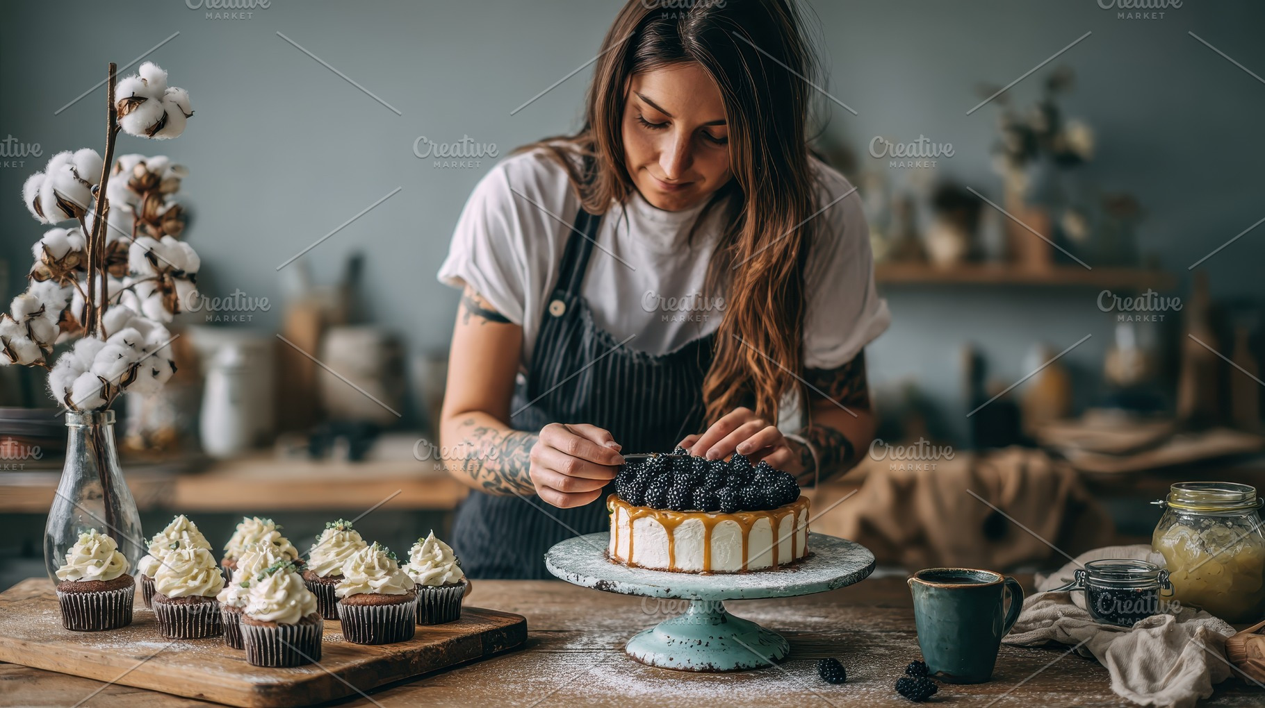 Woman baker decorating delicious cak, a Photo by Pixeness Studio