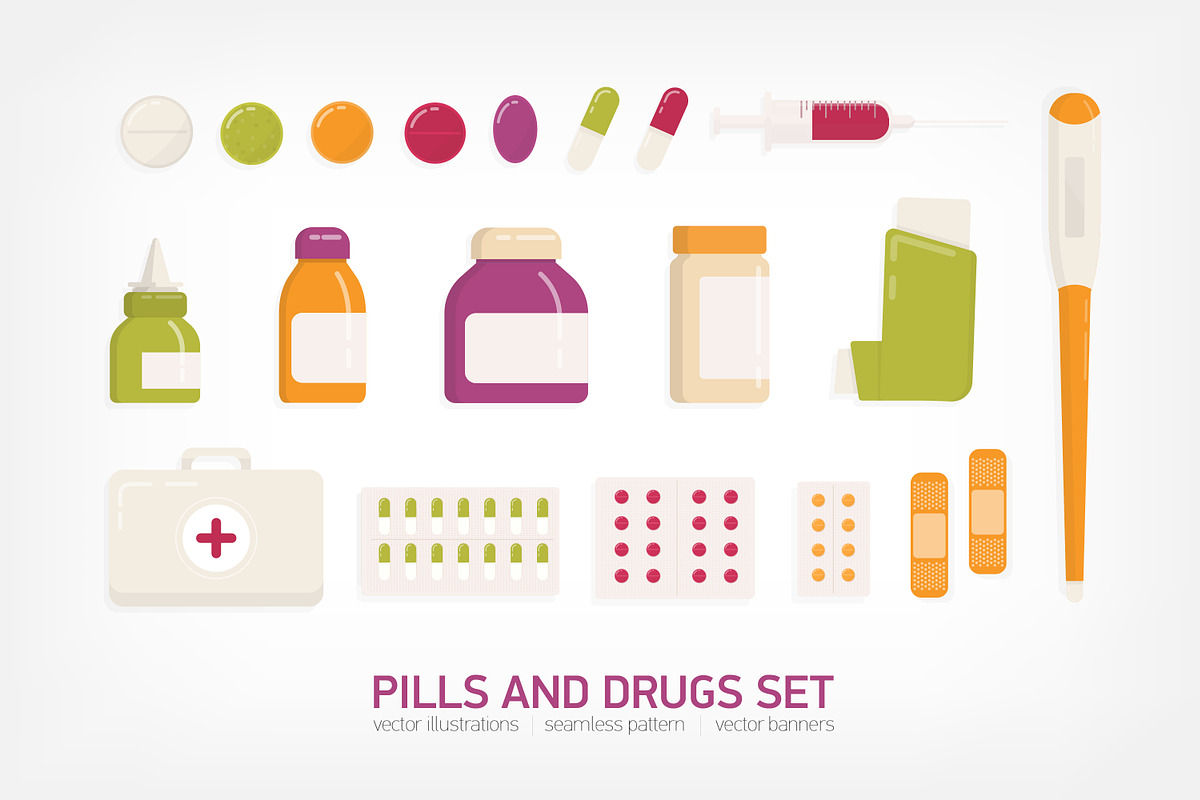 Pills and drugs set, backgrounds, a Healthcare Illustration by Good Studio (Photo 1 of 8)