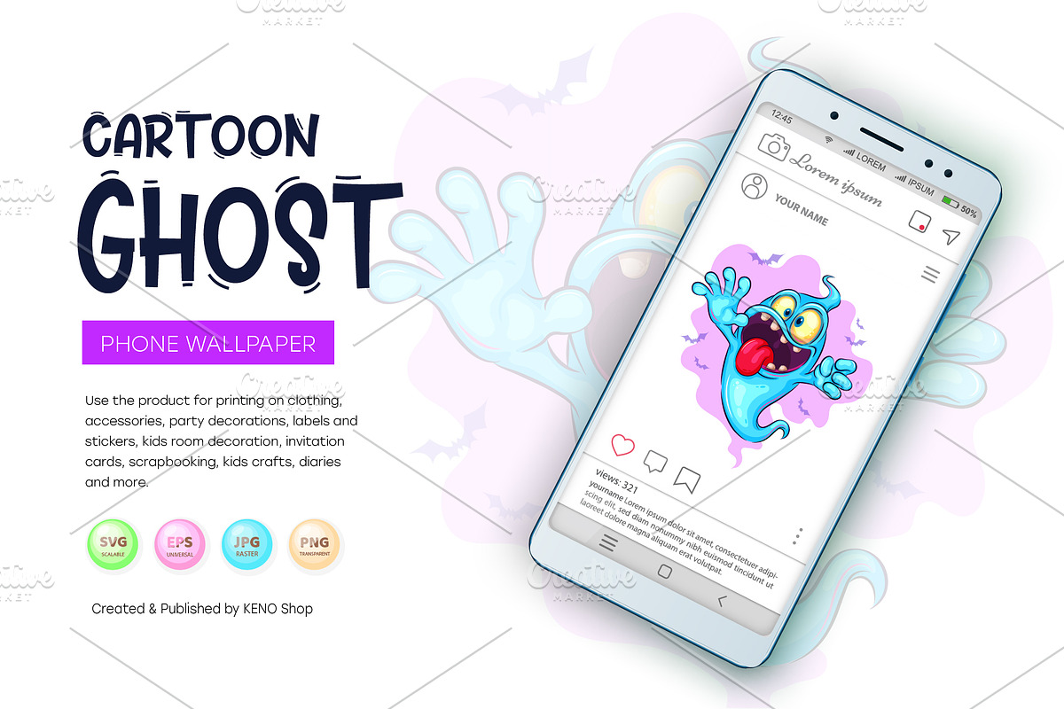 Cute cartoon ghost. Tshirt, PNG., a Person Illustration by KENO Mascots (Photo 6 of 9)