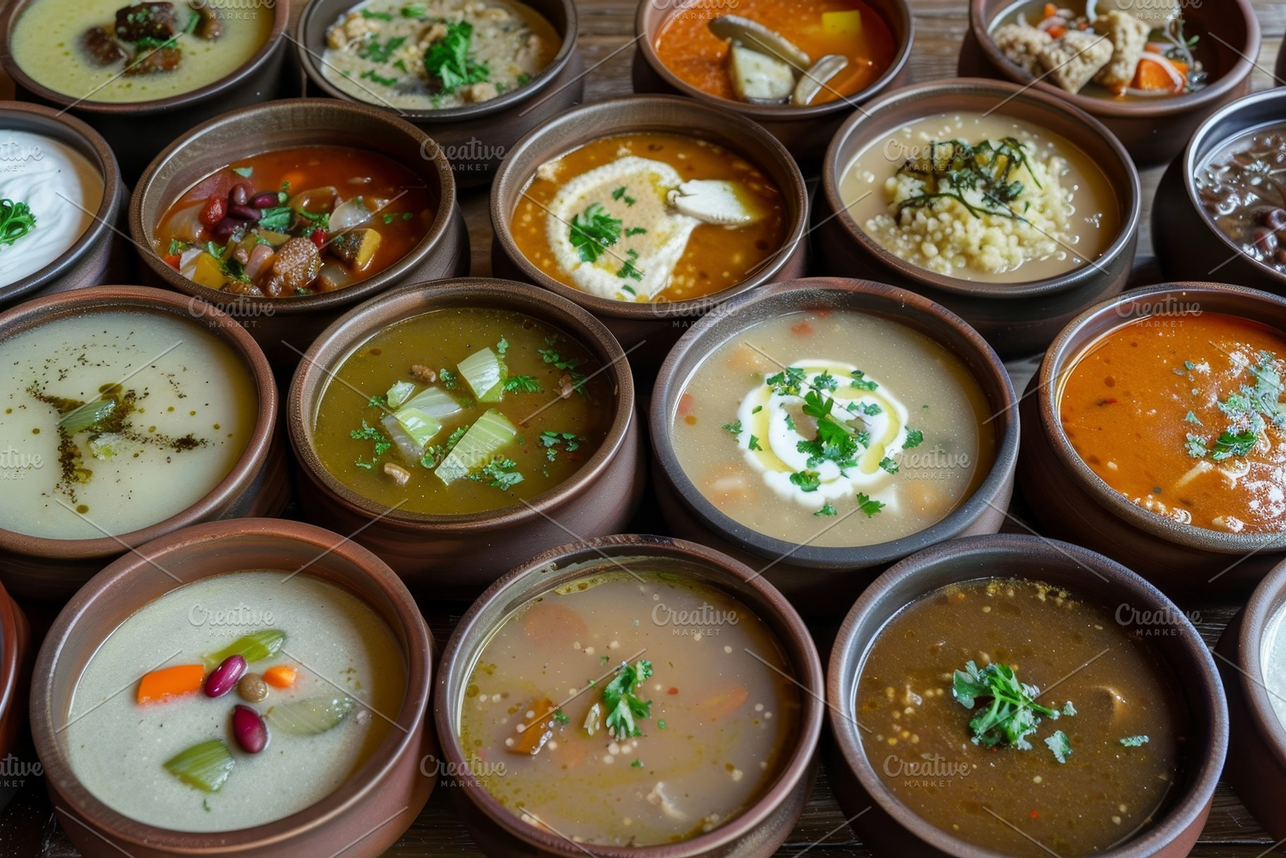 A variety of soups in bowls on a woo, a Photo by Iftikhar Alam