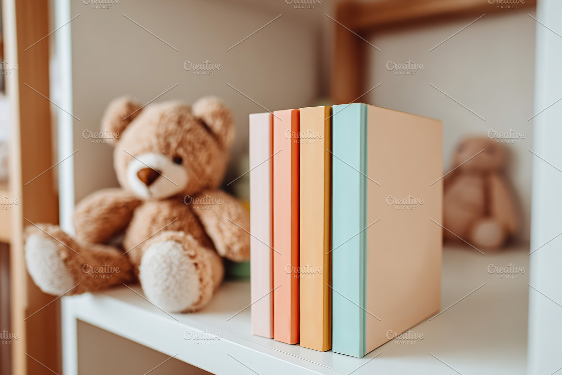 Cozy children's reading corner with colorful books and plush toys on a shelf, a Photo by AlyaAnd