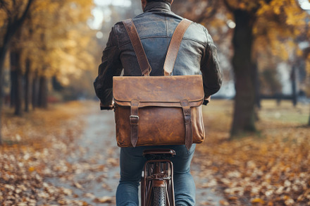 Man riding bicycle with leather bag, a Background Photo by Pixeness