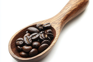 Roasted coffee beans in a wooden spo, a Food & Drink Photo by Pixeness Studio
