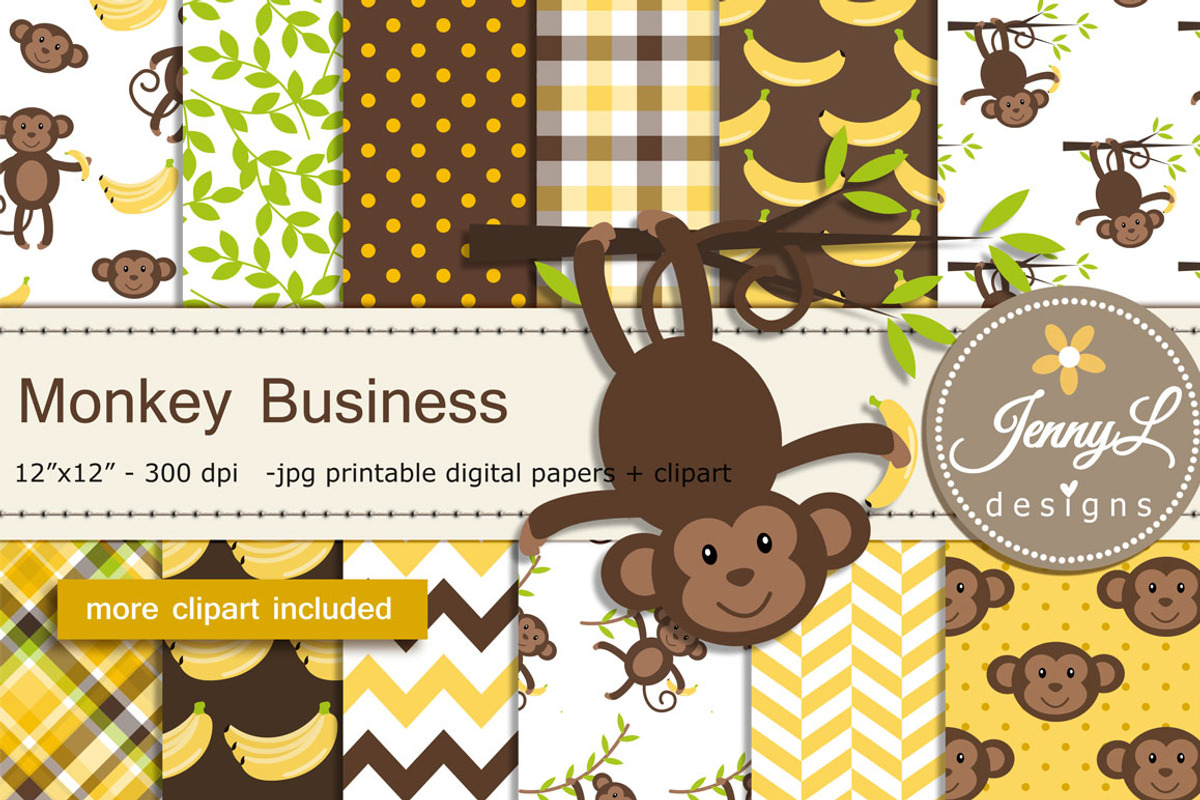 Monkey Digital Papers & Clipart, a Pattern Graphic by JennyL Designs (Photo 1 of 5)