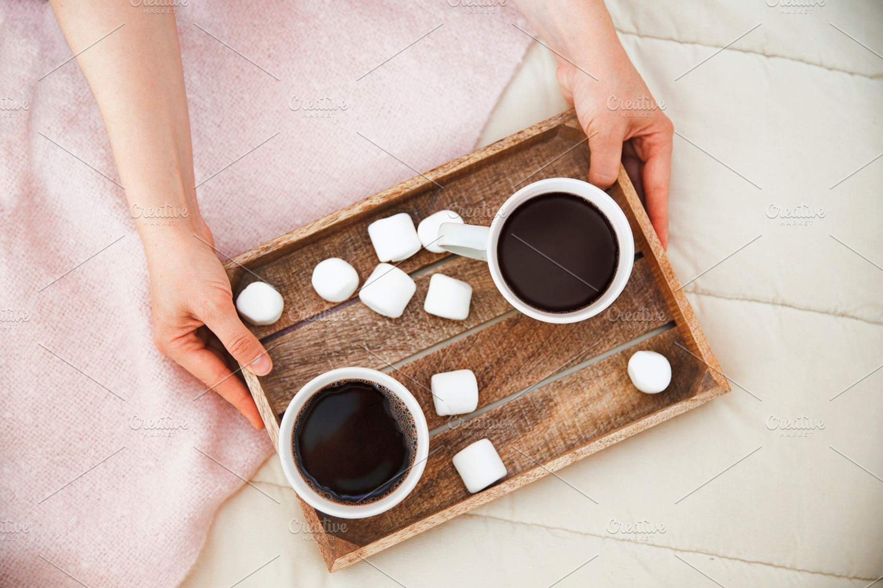 Coffee and marshmallows containing bed, tray, and coffee, a Food & Drink Photo by EvgeniiAnd