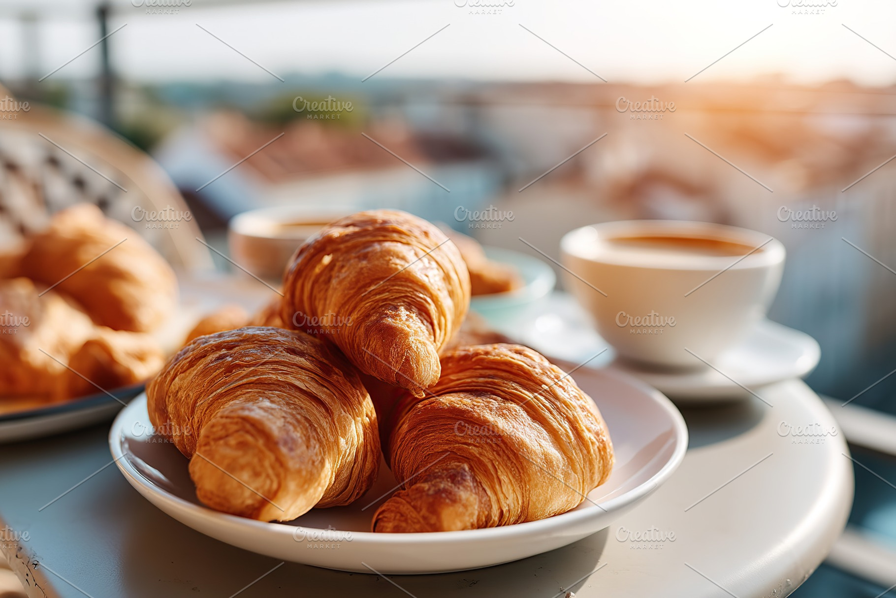 Delicious baked croissants on a white ceramic plate with coffee in the morning, a Food & Drink Photo by AlyaAnd
