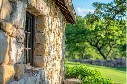 Rustic stone cottage with lush green, an Architecture Photo by Lermont51