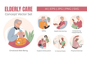 Elderly Care Vector flat Set, a Person Illustration by EeKayStore