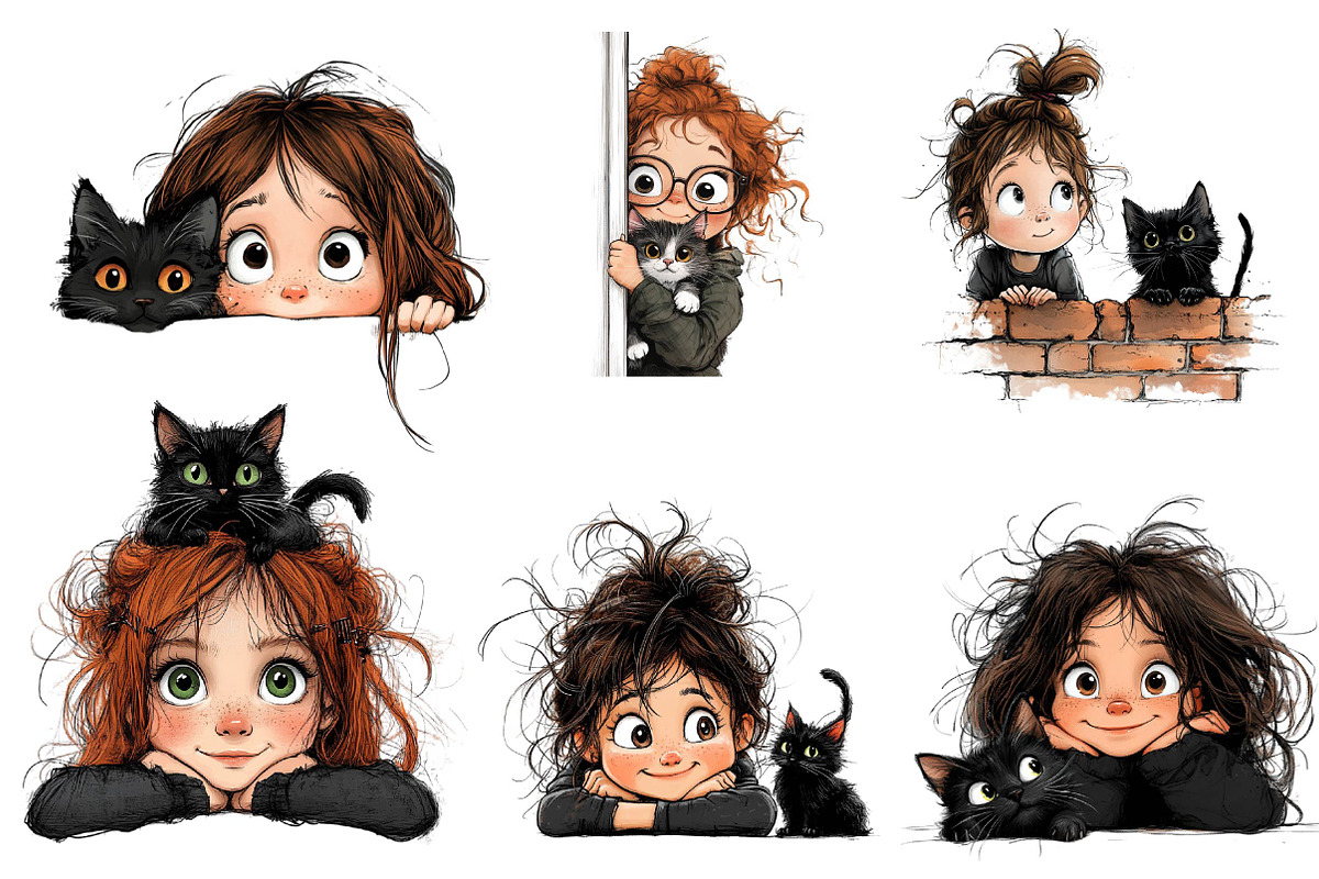 Quirky Girl and Cat Peeking Clipart, an Illustration by CreationArt (Photo 5 of 6)